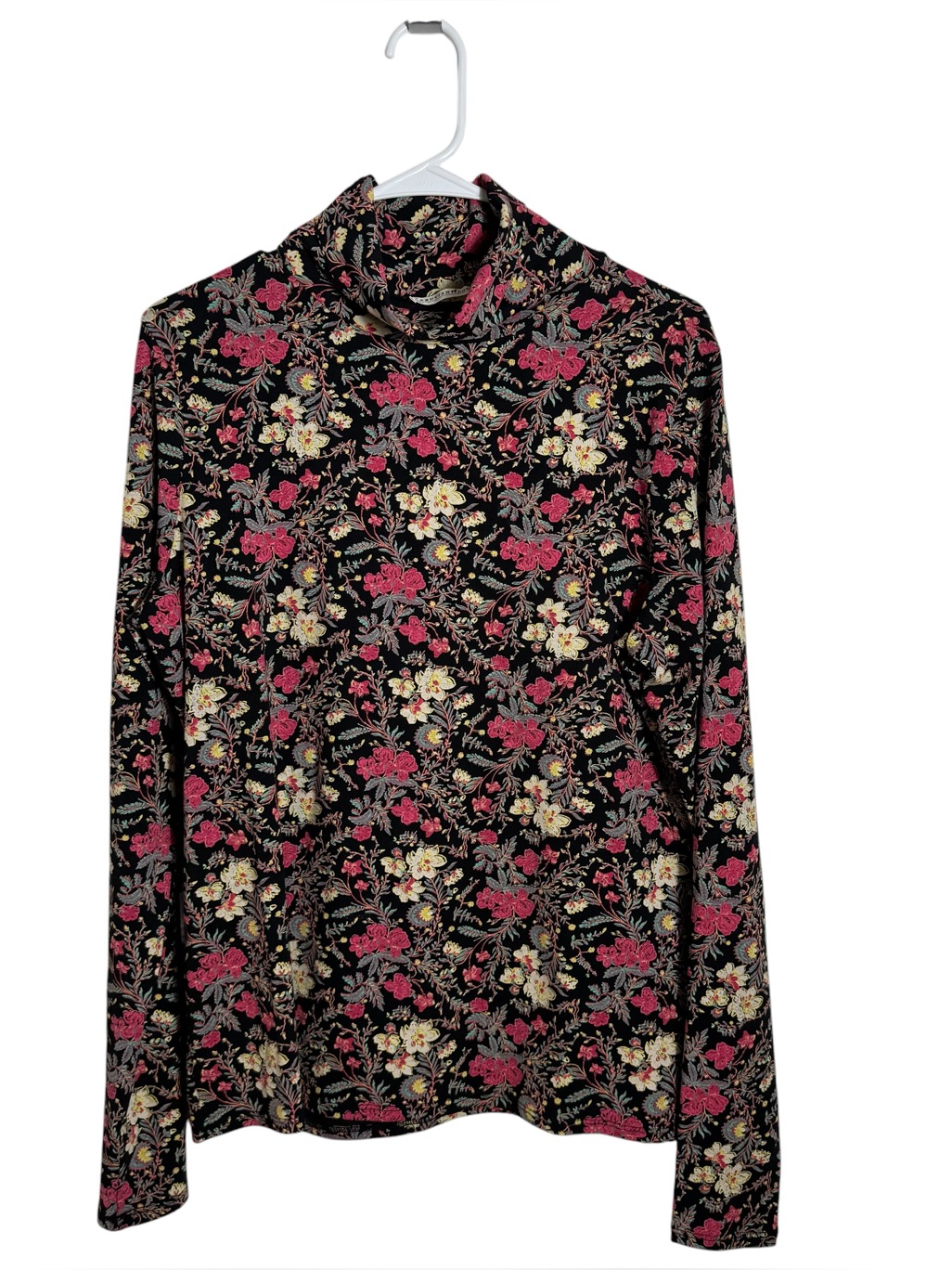Peruvian Connection Floral Turtleneck Top Black Cotton Stretch Size Large